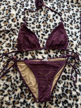BECCA Plum Crochet Bikini Bottom with Tan Lining